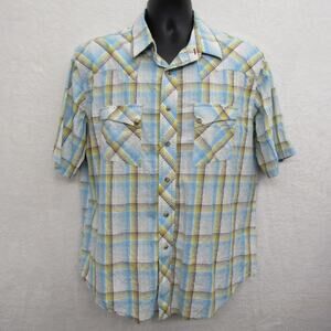 Wragler Shirt Mens Large Blue Plaid Short Sleeve Cotton Snap Cowboys Weatern